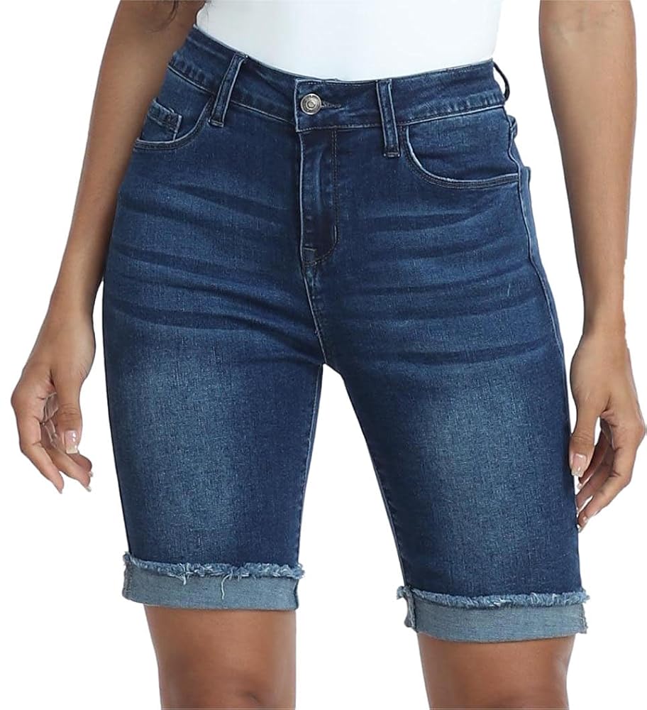 WAYRUNZ Denim Bermuda Shorts Women Mid Waisted Folded Hem