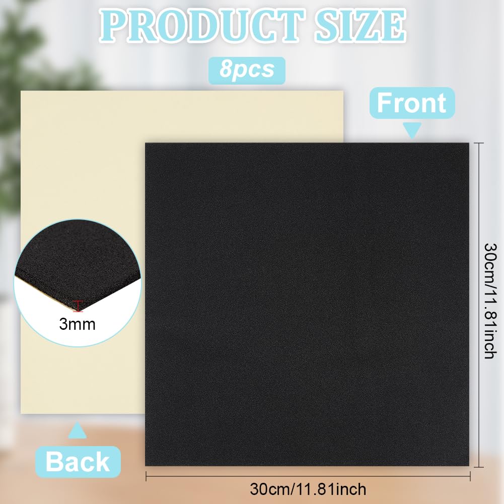 BENECREAT 8 feuille de Mousse Auto Adhésive Tapis Insonorisé D'Isolation de Tampons de Mousse D'EVA Noirs de 3mm pour le Rembourrage de Cosplay Protection des Meubles Scrapbooking Art DIY 30x30cm