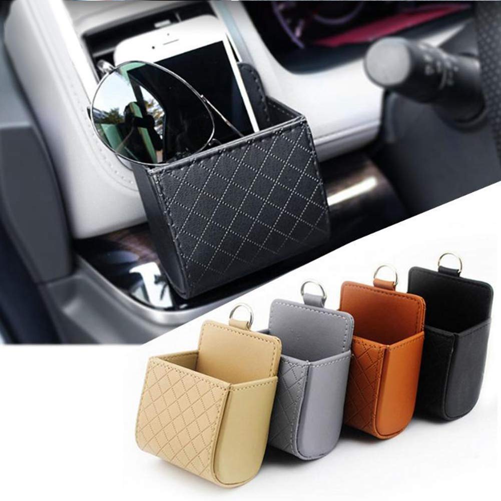 ihreesy Car Air Vent Storage Bag,PU Leather Phone Holder Universal Sunglass Holder Organizer Pocket with Hook Air Vent Organizer for Coin Key Card,Black