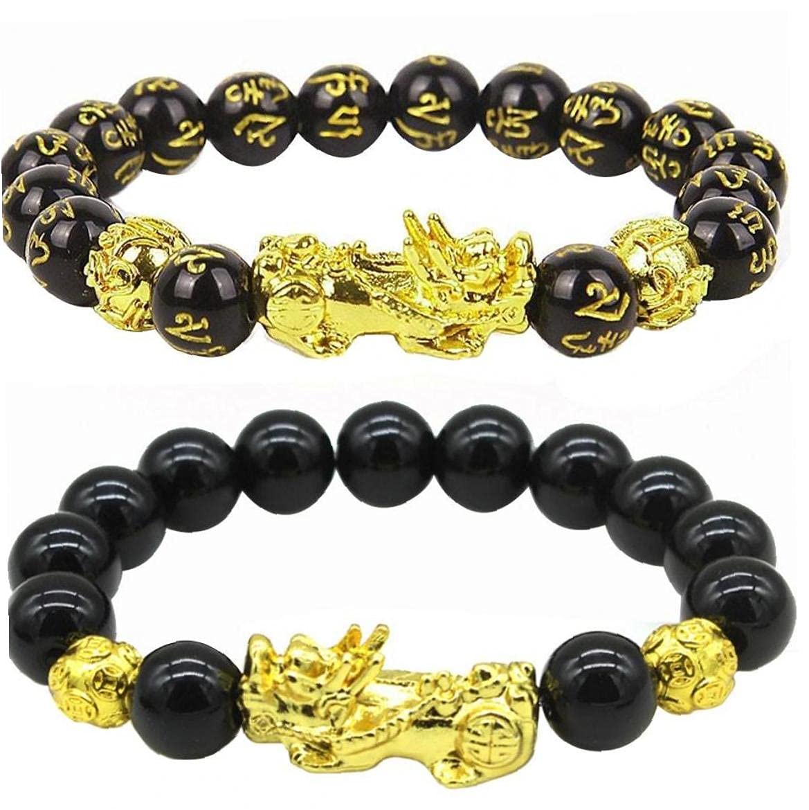 Pinicecore Men's Black Feng Shui Obsidian Wealth Bracelet 12Mm Carved Adjustable Elastic Bead Bracelet And Wo's Bracelet