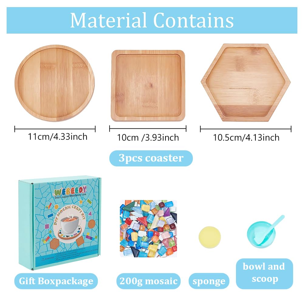 WEBEEDY 3 Set di Kit Mosaico per Piastrelle di Vetro, Kit Sottobicchiere in Vetro, Base Sottobicchieri Tazza di Bambù per Bevande, Kit Fai da Te Vassoio Decorativo Regalo