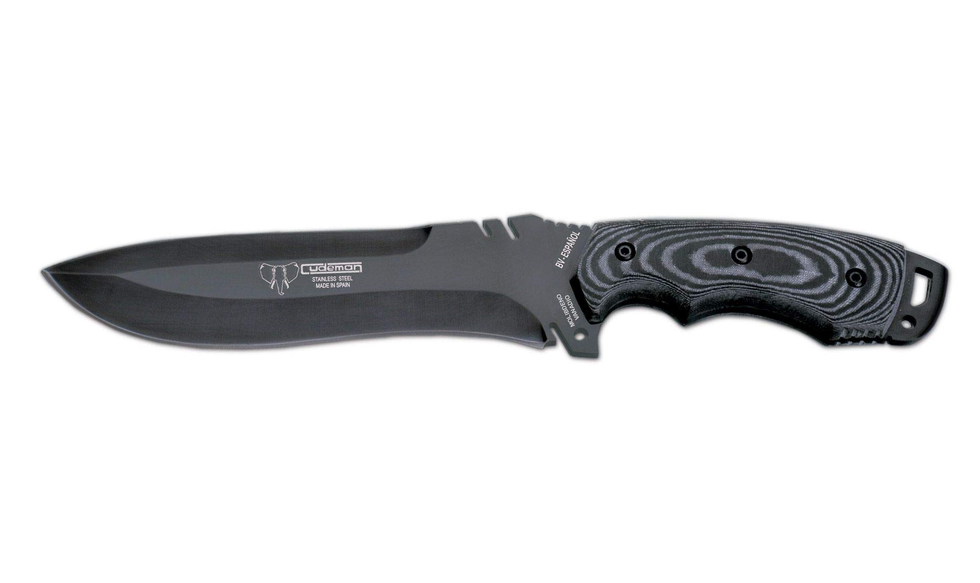 Cudeman Cuchillo 299-N-K* funda de KYDEX Boina Verde hoja de acero ACX-380 pavonada en negro de 18 cm y empuñadura de micarta negra de 13,5 cm para caza, pesca, supervivencia y bushcraft