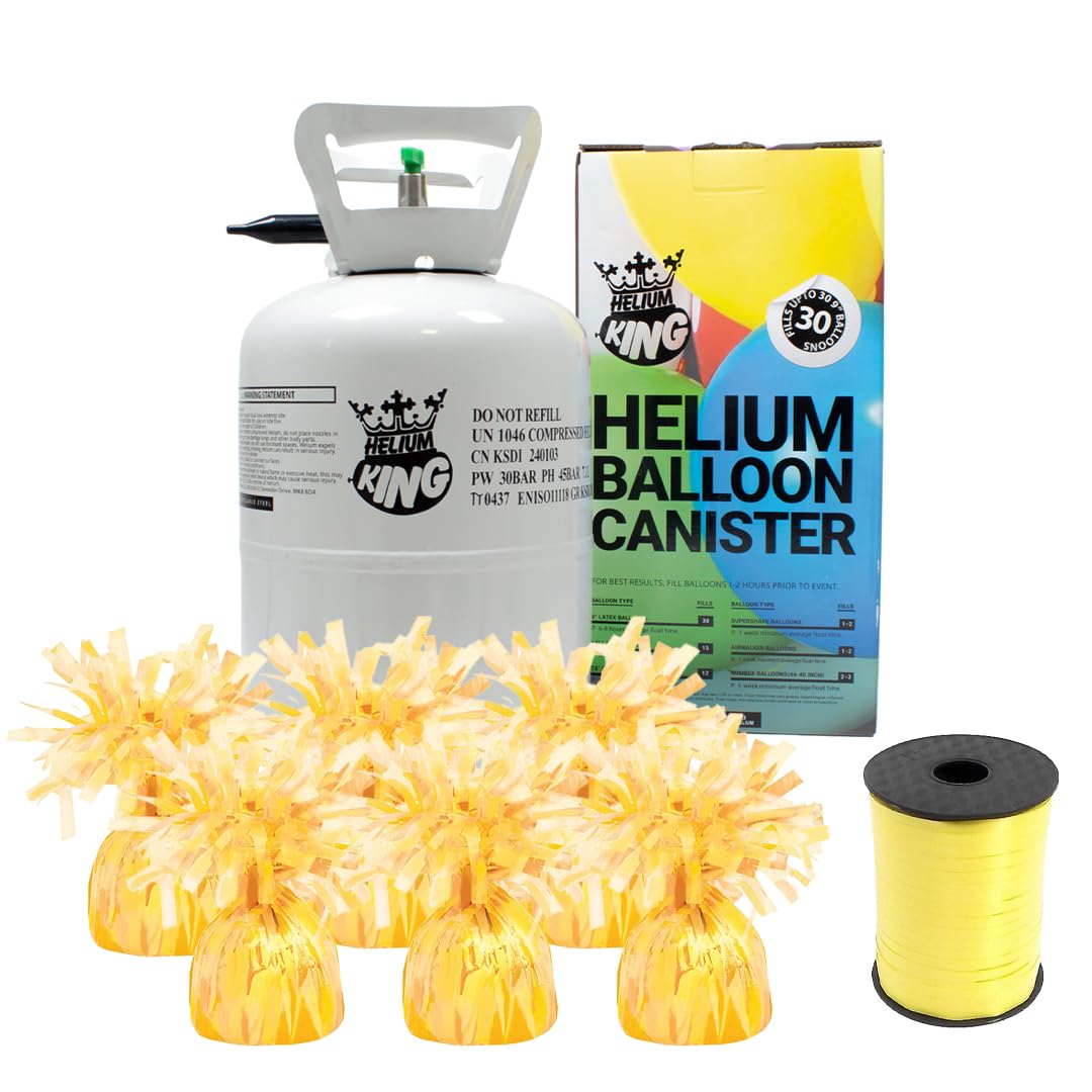 Small Helium Canister with Curling Ribbon and 6 Yellow Foil Balloon Weights
