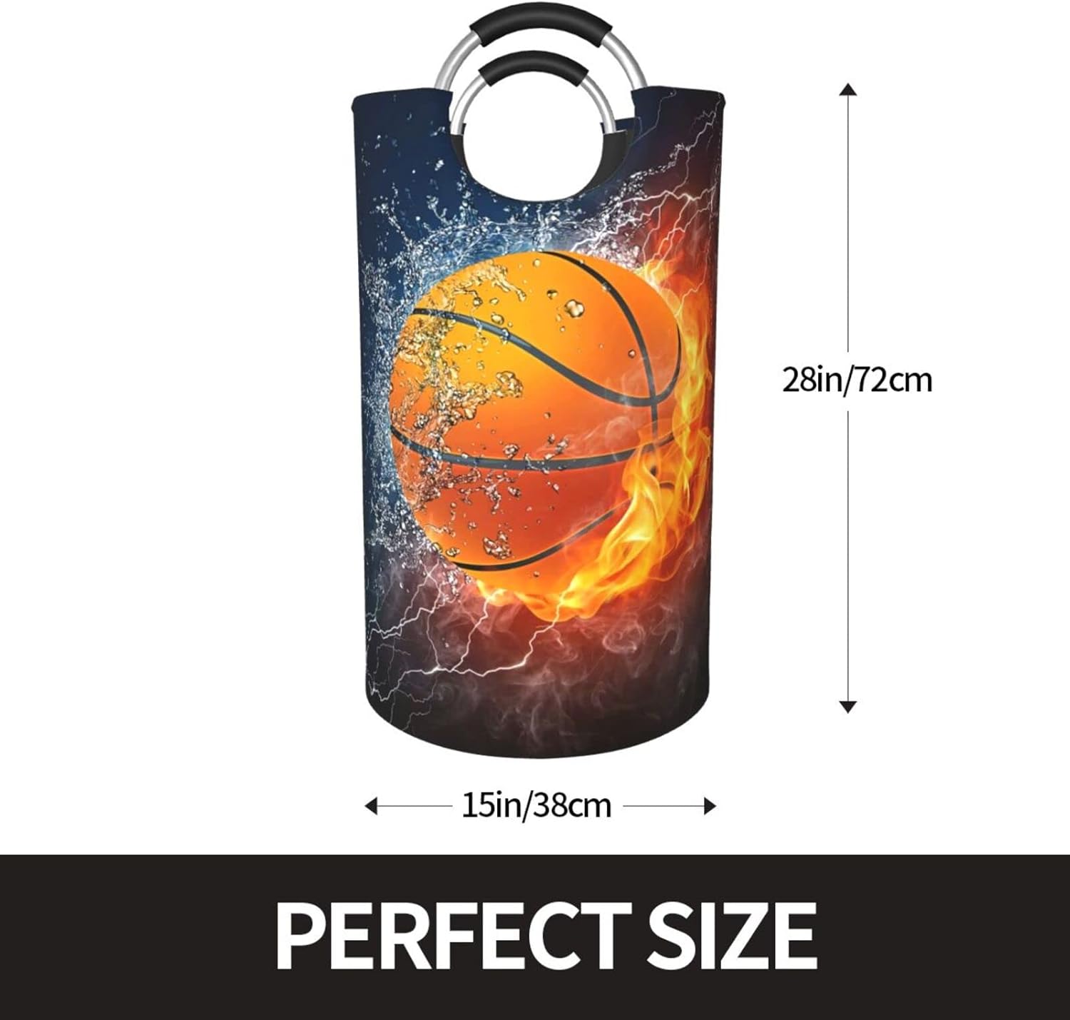 Laundry Basket with Handles Clothes Hamper Collapsible Durable Dirty Clothes Storage Laundry Organizer Water and Fire Basketball Pattern (Black)