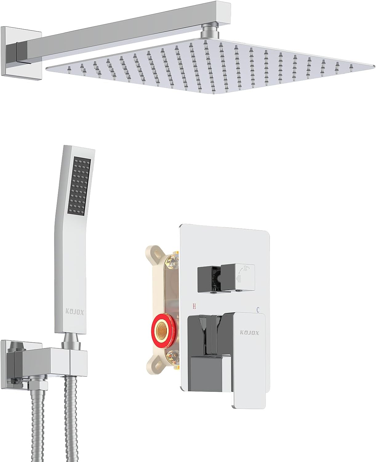 KOJOX 12 Inch Black Shower System with Rain Shower Head, Handheld Shower, Bathroom Luxury Mixer Combo Set, Wall Mounted Faucet Rough-in Valve and Trim Kit