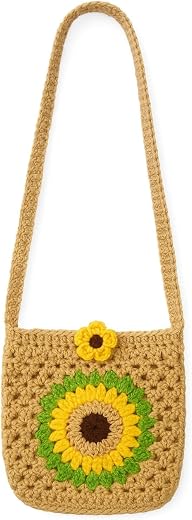 Handmade Crochet Sunflower Crossbody Bag, 15 cm x 17 cm, Beige with Yellow Flower Design