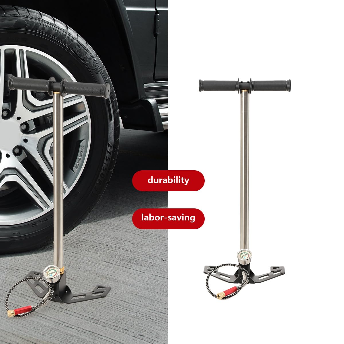 Bomba de Aire 4500 PSI, Bomba Manual de Alta Presión de 3 Etapas Inflador de Aire de Bomba con Manómetro, Bomba de Mano de Acero Inoxidable para Bicicleta, Plegable