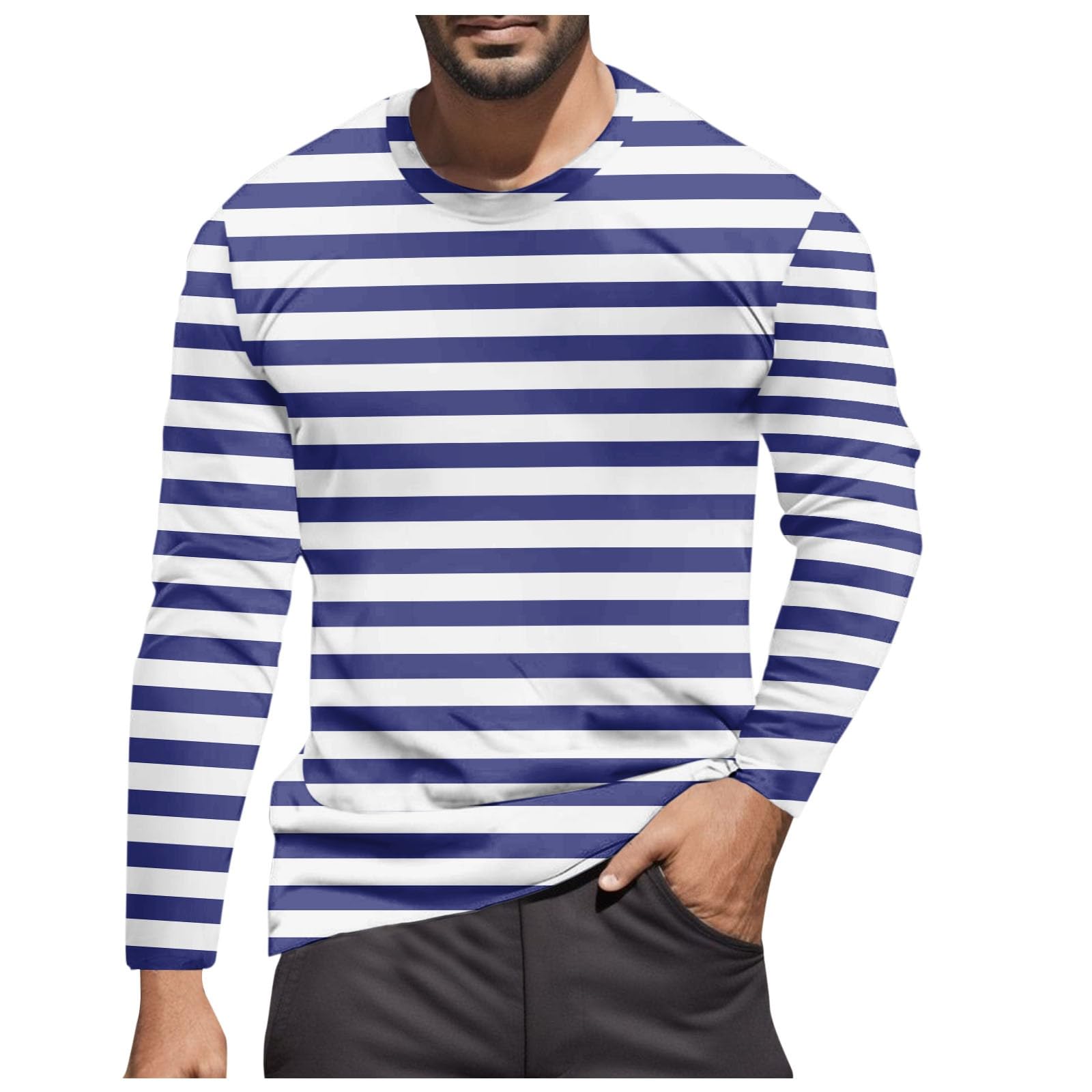 Striped Shirt Men Women Red White Long Sleeve T-Shirt Carnival Long Sleeve T-Shirt Horizontal Stripes Wide Stripes Fine Stripes Crew Neck Leisure Top Striped Shirt Fancy Dress Costumes, Marine 10, XXL