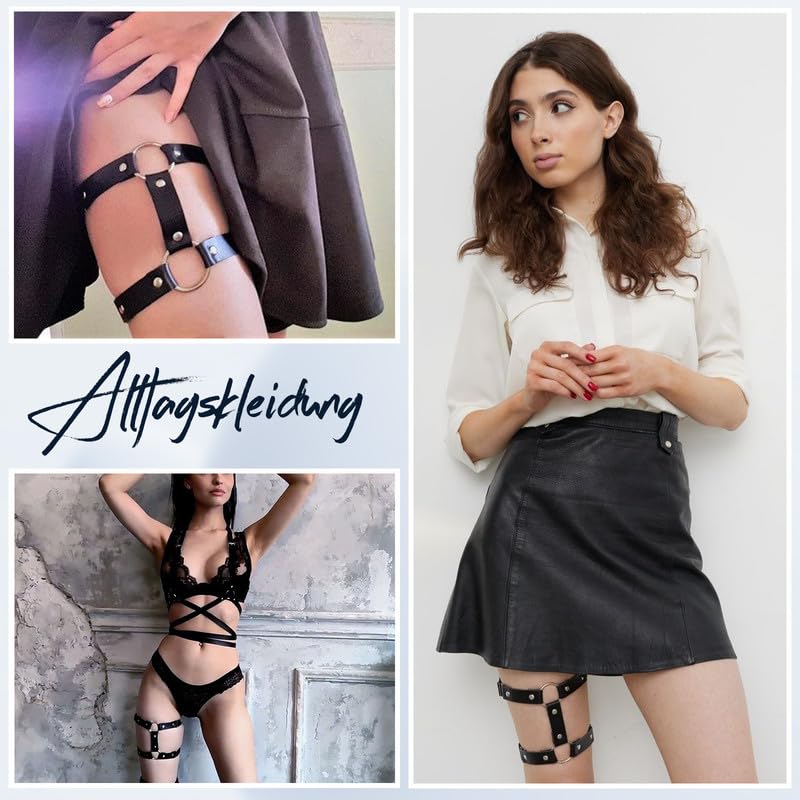 KWJEIULSOQ Strumpfhalter Damen Garter Belt Punk Leder Beinkette Suspender Oberschenkel Ring Harness Gothic Oberschenkelkette für Frauen(Schwarz)