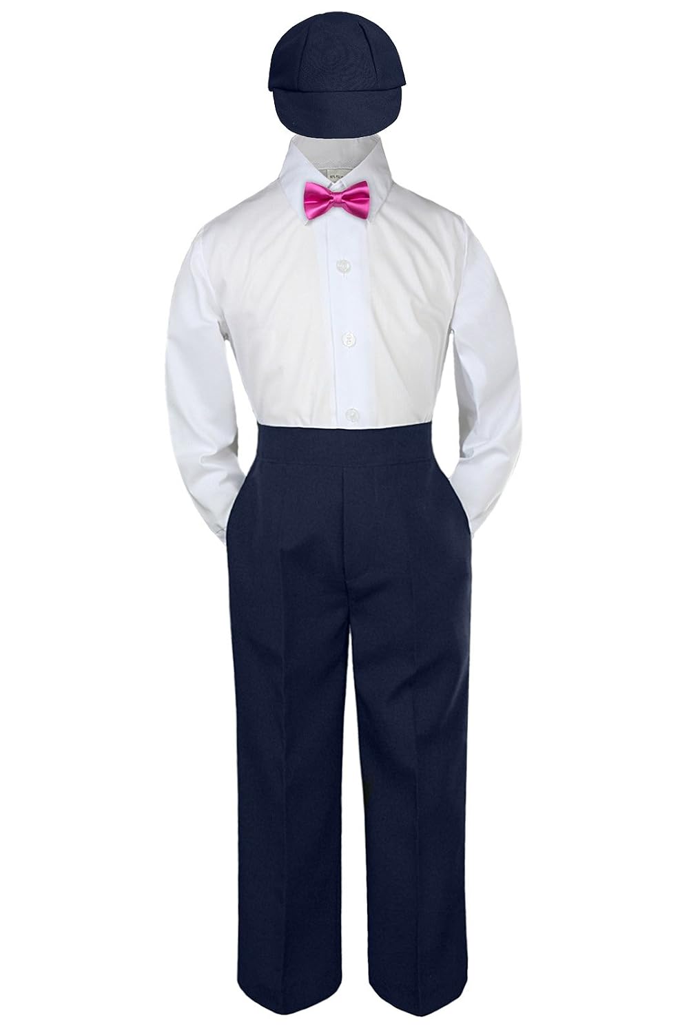 4pc Baby Toddler Kid Boys Navy Pants Hat Fuchsia Bow Tie Suits Set (2T)