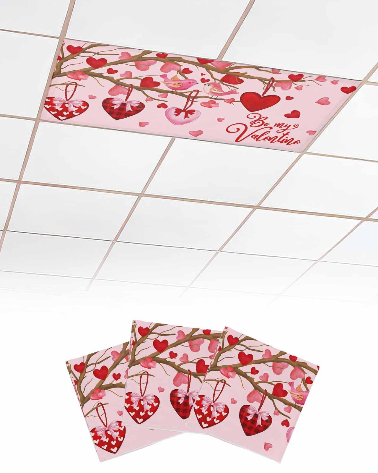 Valentine's Day 3 Pcs Fluorescent Light Covers for Ceiling Lights, Be My Valentine Love Heart Tree Row Pink Magnetic Light Filters for Eliminate Harsh Glare Classroom Office Decoration, 4 x 2 Ft