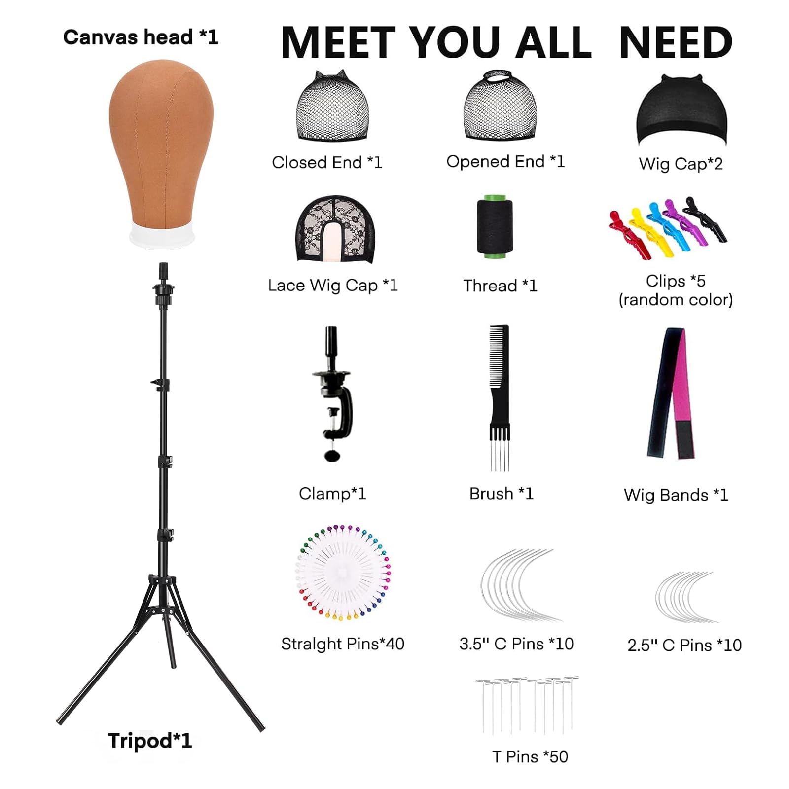 Schaufensterpuppenkopf aus Segeltuch mit Perückenständer-Kit, 55,9 cm, professionelles Styling-Set mit Stativ, Klemme, Kappen, Nadeln, Bürste und Clips (Braun)