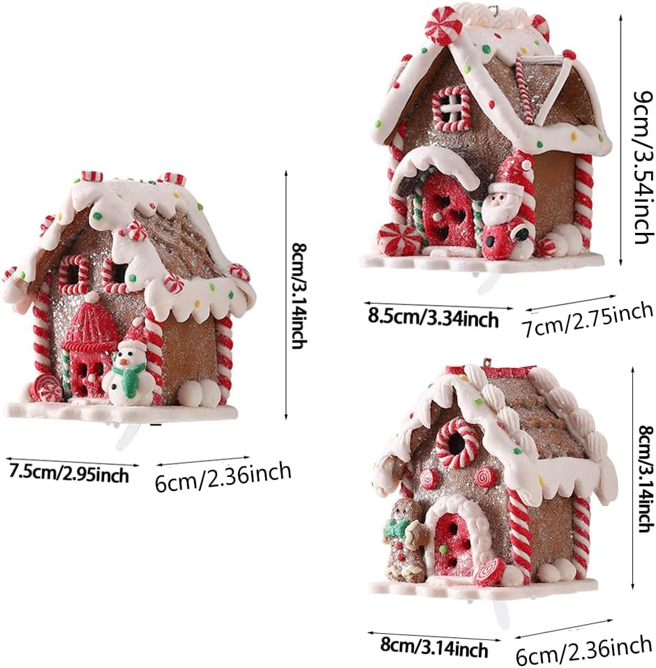UAEYW 3Pcs Gingerbread House Ornaments for Christmas Tree Decorations Battery Operated Lighted LED Clay Hanging Candy House Ornament with Rope for Xmas Holiday Party New Year Home Decor - Image 3