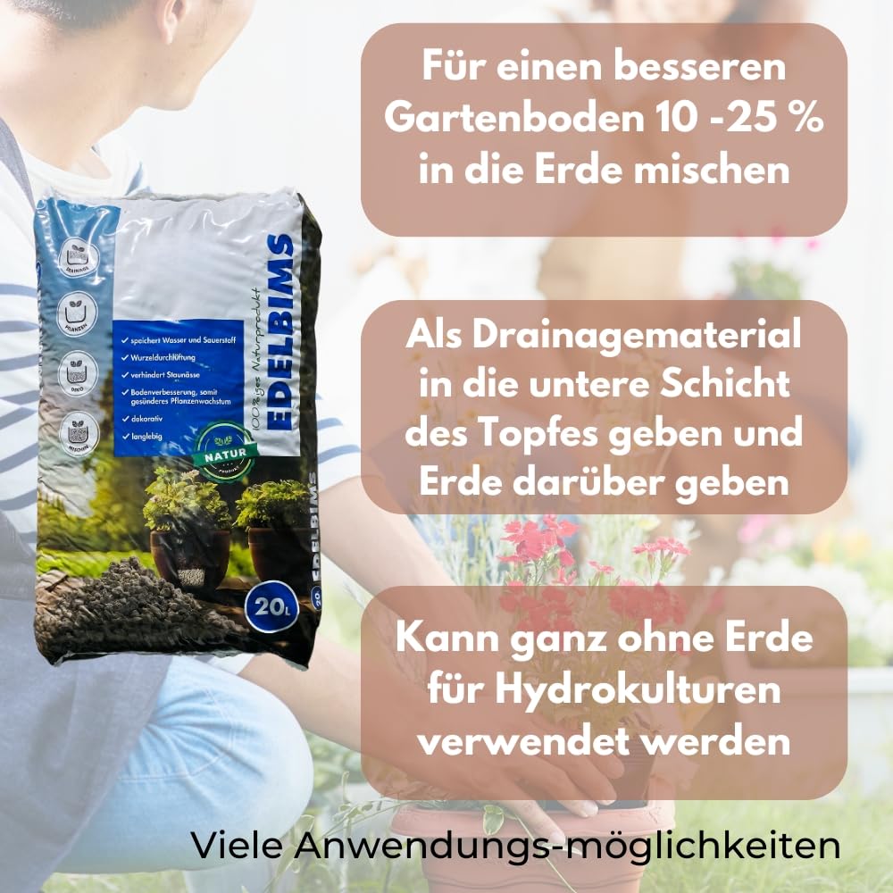 Edelbims 20 L 100% Natürlicher Bimsstein Bims Granulat Bimskies Drainage Pflanzgranulat Hydrokultur Dachbegrünung Mulch Substrat (8/16 mm)