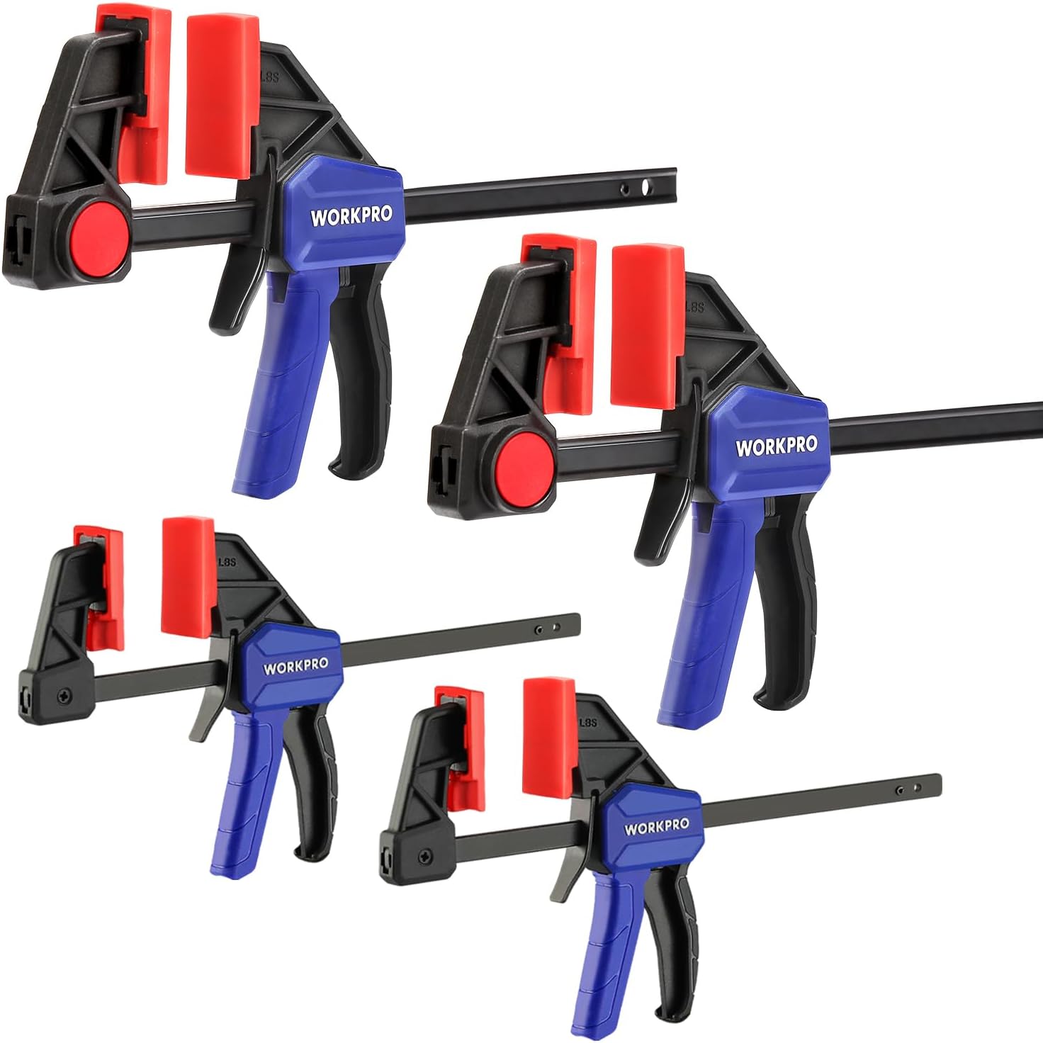- WORKPRO Mini Bar Clamps for Woodworking, 6"(2) and 4-1/2"(2), 4-Piece One-Handed Clamp/Spreader, Light-Duty Quick-Change F Clamp with 150lbs Load Limit Blue