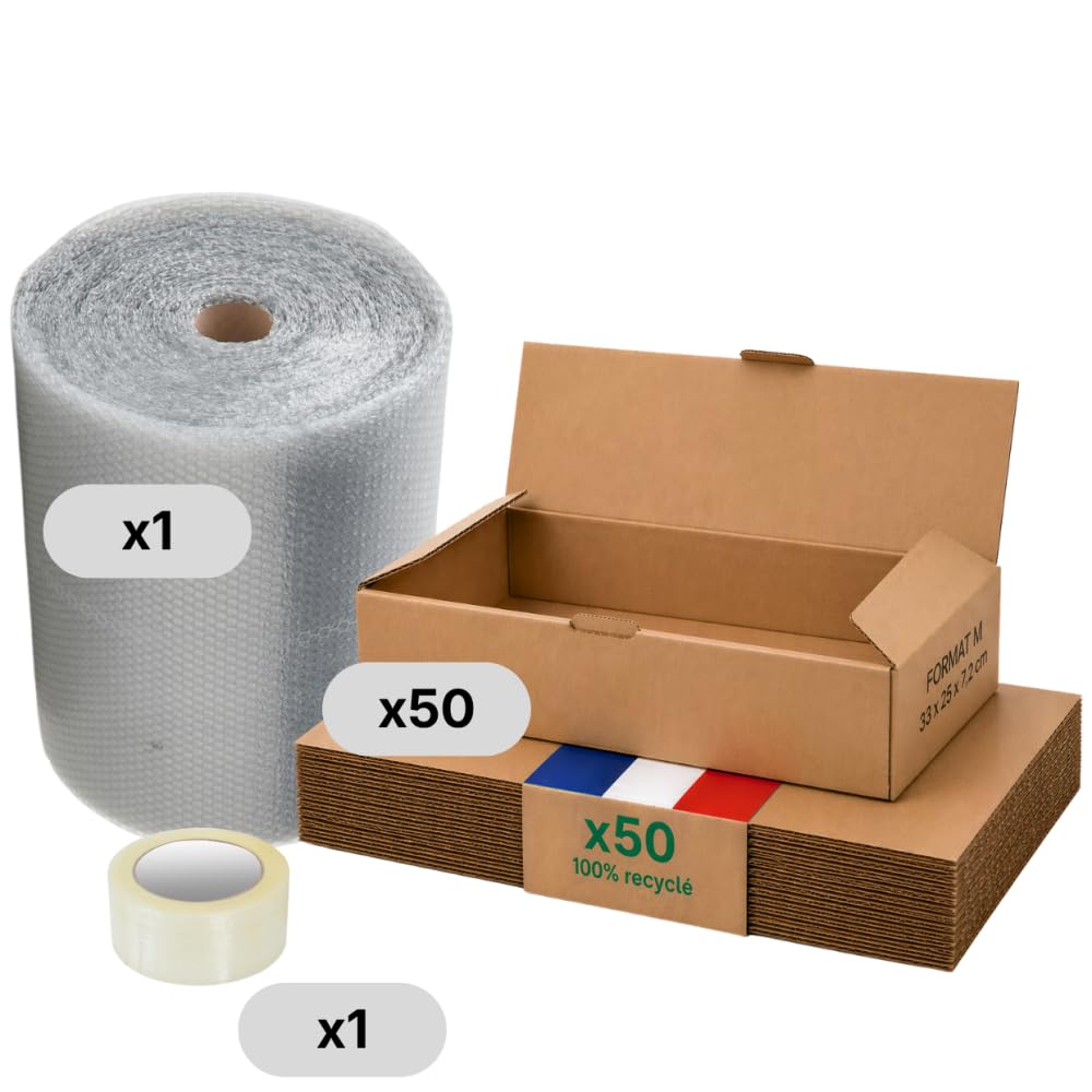 Opakowanie kartonowe M - zestaw 50 + folia bąbelkowa + klej, 33 x 25 x 7 cm, wzmocniona, odzież, akcesoria, dokumenty A4, Life Pack