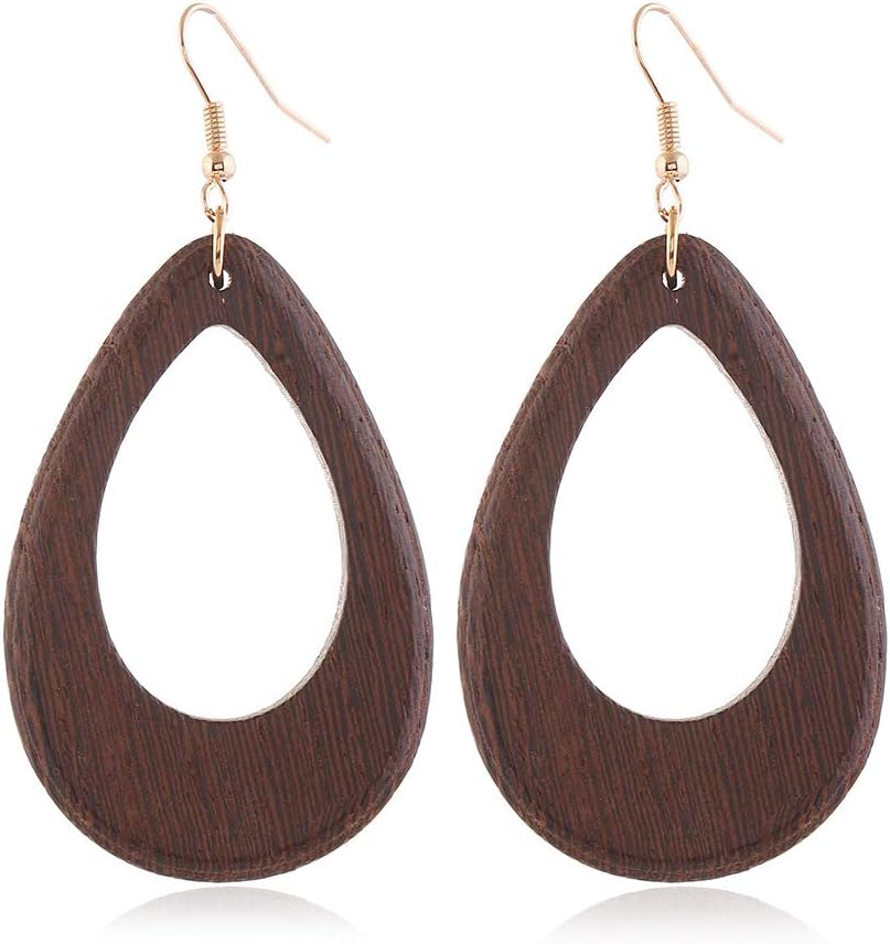Bohemian Geometric Natural Wooden Earrings Dangle Lightweight Teardrop African Ethnic Statement Drop Earrings for Women