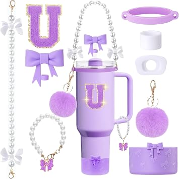 MOTEERLLU 9pcs Purple Stanley Cup Accessories Set for Tumbler 30oz 61oz with Handle,Including Bow Straw Topper and Boot,Pearl Handle Strap &Handle Charm,Initials Sticker