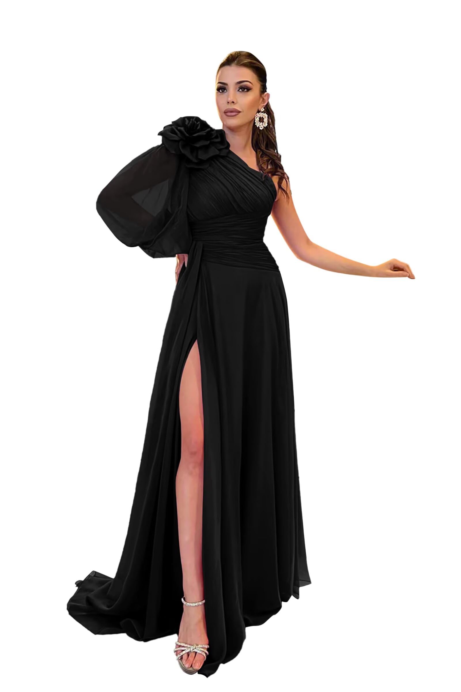 Tsbridal Long Sleeve Bridesmaid Dresses for Wedding Chiffon Pleated Flower Prom Formal Gowns with Slit