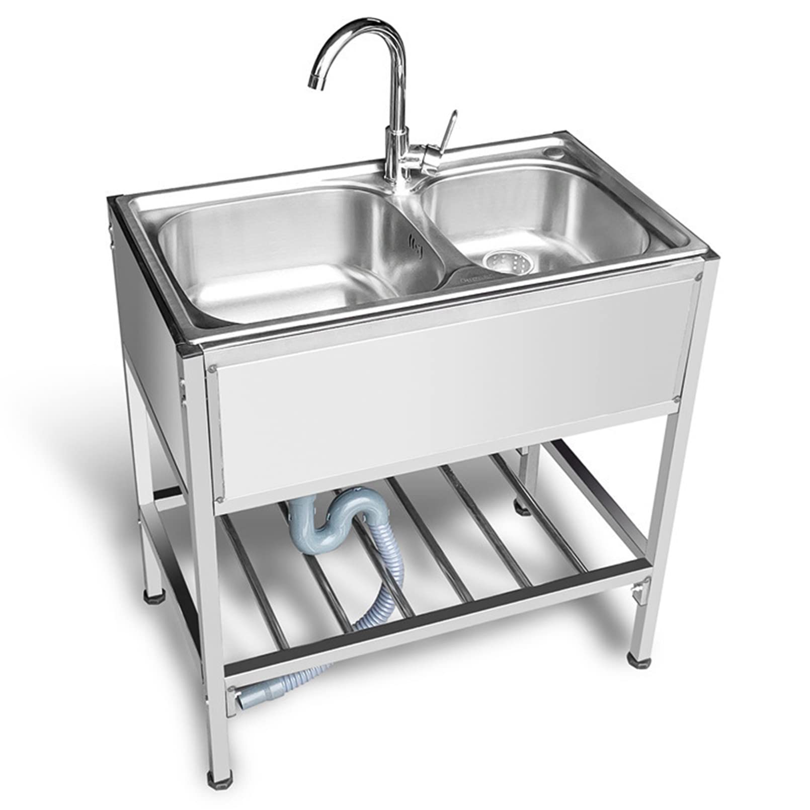 Évier de cuisine commercial double cuve en inox avec robinet et étagère