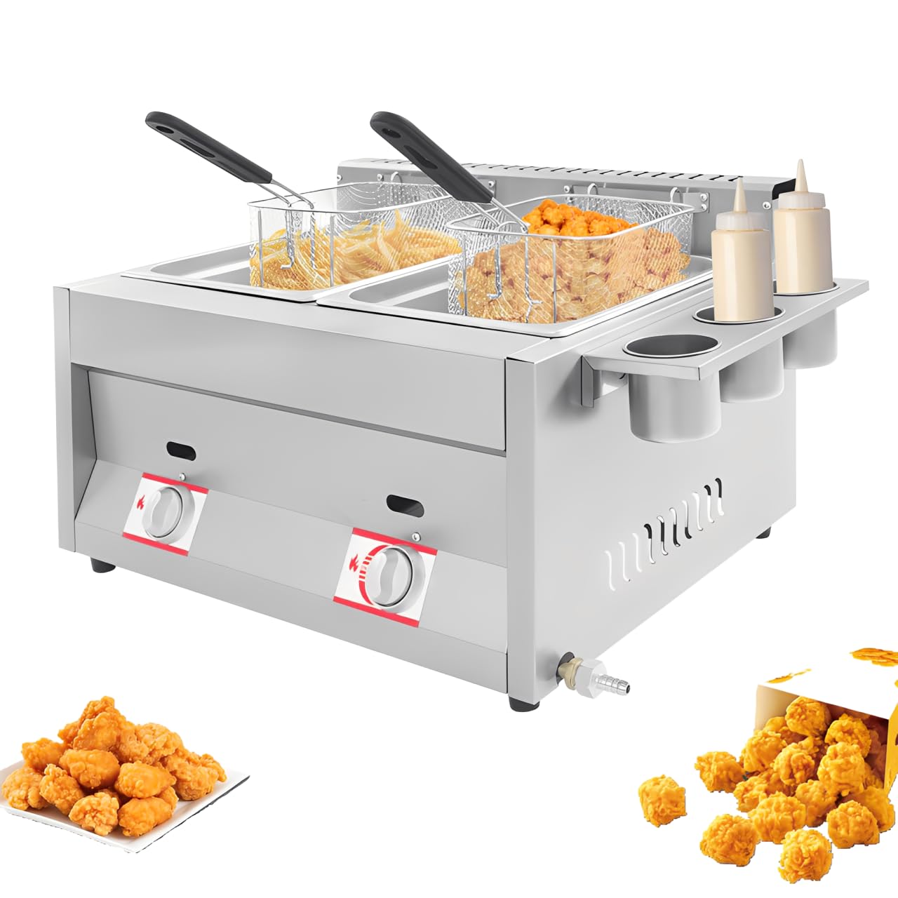 Friggitrice a gas doppia con 2 cestini, friggitrice a propano in acciaio inox, intervallo di temperatura 50-380 °C, friggitrice a gas con 3 contenitori per spezie per famiglie, ristoranti, spuntini