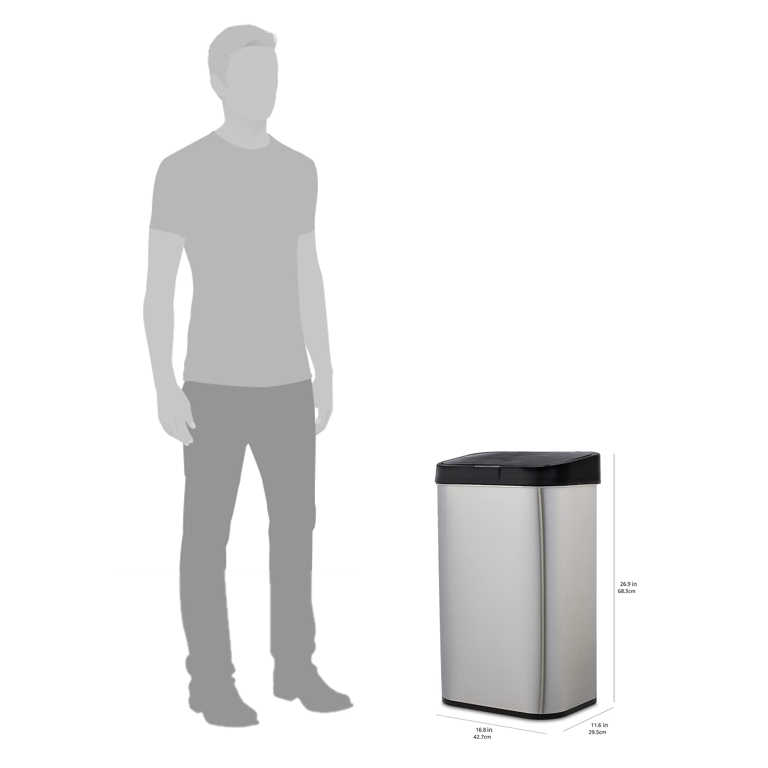 Amazon Basics Pattumiera in acciaio inox, automatica, Rettangolare, da 60 litri, Argento, Nero