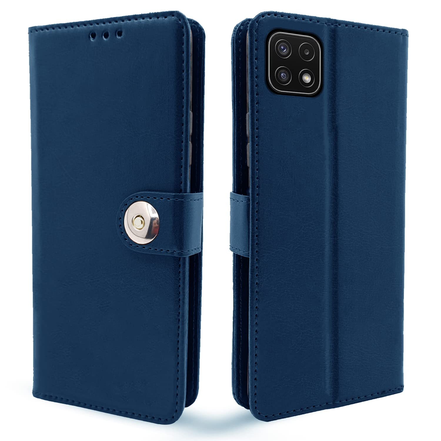 Pikkme Samsung Galaxy A22 5G / F42 5G Flip Case Leather Finish | Inside TPU with Card Pockets | Wallet Stand and Shock Proof | Magnetic Closing | Complete Protection Flip Cover (Blue Button)