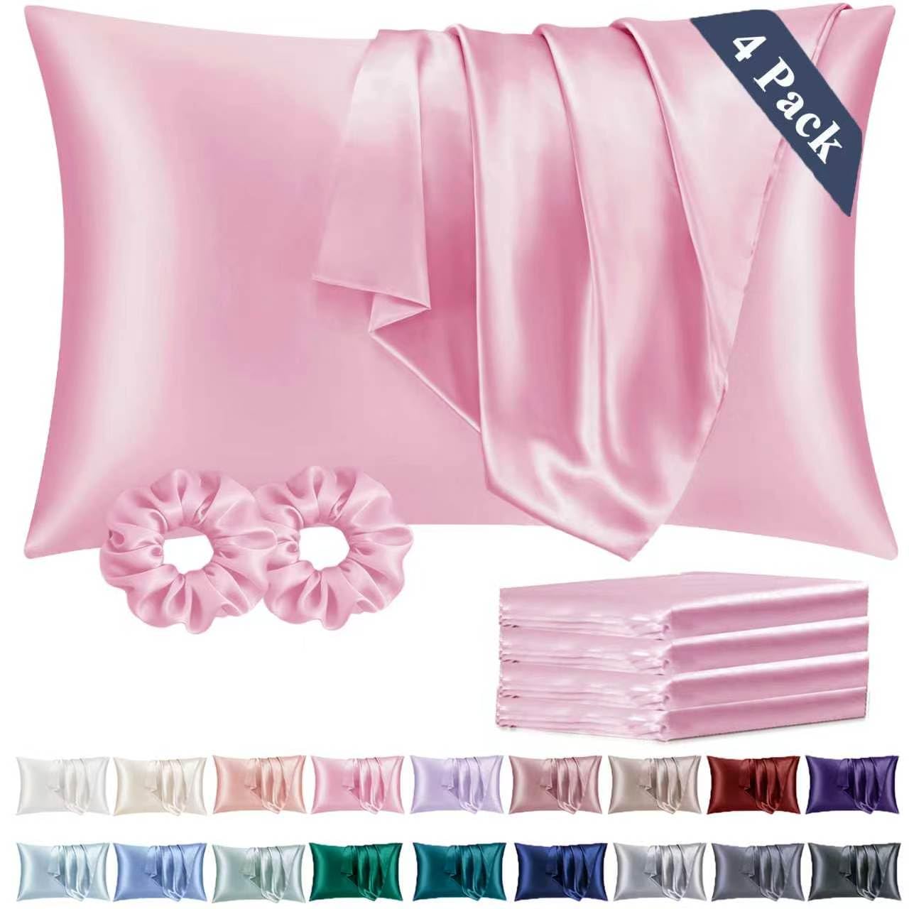 Vielit King Satin Pillowcase for Hair 4 Pack, Similar to Silk Pillow Cases, Easier Care Than Silk Pillowcase, Gifts for Women Men - Pink, 20x36 & Envelope Closure and 2 Satin Scrunchies — image 1