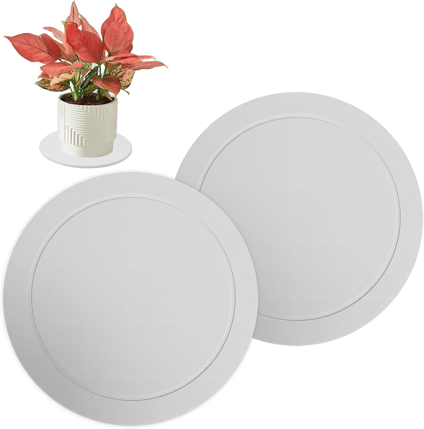 Diatomaceous Earth Plant Saucer, 12 Inch Instant Dry Indoor Plant Trays, 2 Pack White with Non-Slip Pads, Multifunctional Drainage Collector