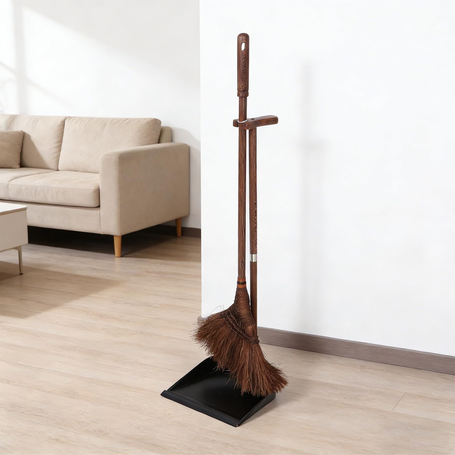 Veemoon Juego de Escoba y Recogedor de Madera con Cerdas Suaves de Palma Antiestática, Tamaño 90x30 Cm y 88x25 Cm, Set para Limpieza de Interiores y Exteriores en Cocina, Hogar y Oficina