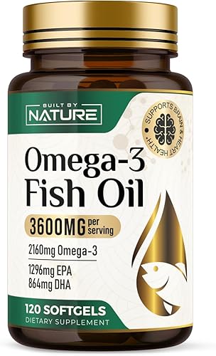 Built by Nature Aceite de pescado Omega-3 3600 mg  Alto EPA y DHA  2160 mg Omega 3 por porción  Cápsulas blandas sin eructos de triple fuerza  Apoyo