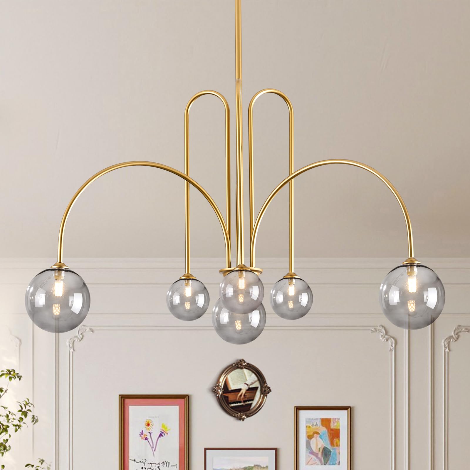 CATINER Modern Gold Chandelier, 6 Lights Sputnik Chandeliers Large L40”Mid Century Ceiling Pendant Light Fixtures with Smoke Glass Globe Shades for