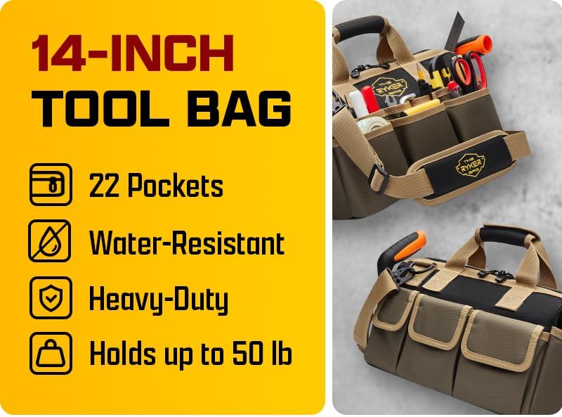 The Ryker Heavy Duty Tool Bags for Men/Women. 14 Inch Small Wide Mouth Mechanic/plumber/Contractor/Electrician Tool Bag Organizer 22Pockets Soft Portable Tools Bags Organizer Toolbag for plumbing - Image 9