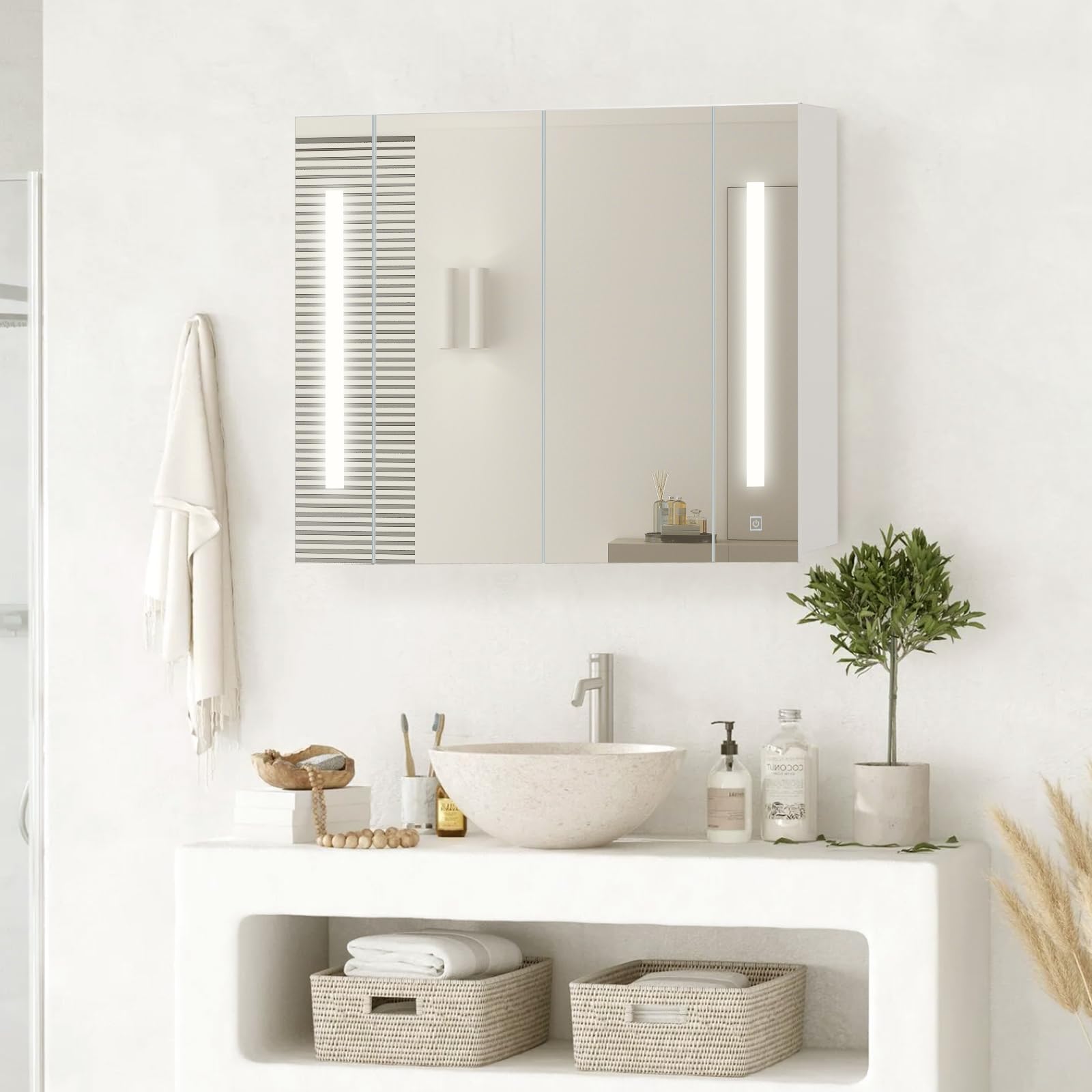 TUKAILAI Bathroom Mirror Cabinet With LED Lights Bathroom Mirror with Lights Touch Switch Wall Mounted Bathroom Storage Cupboard Adjustable Shelves Cabinet for Bathroom Shower Room