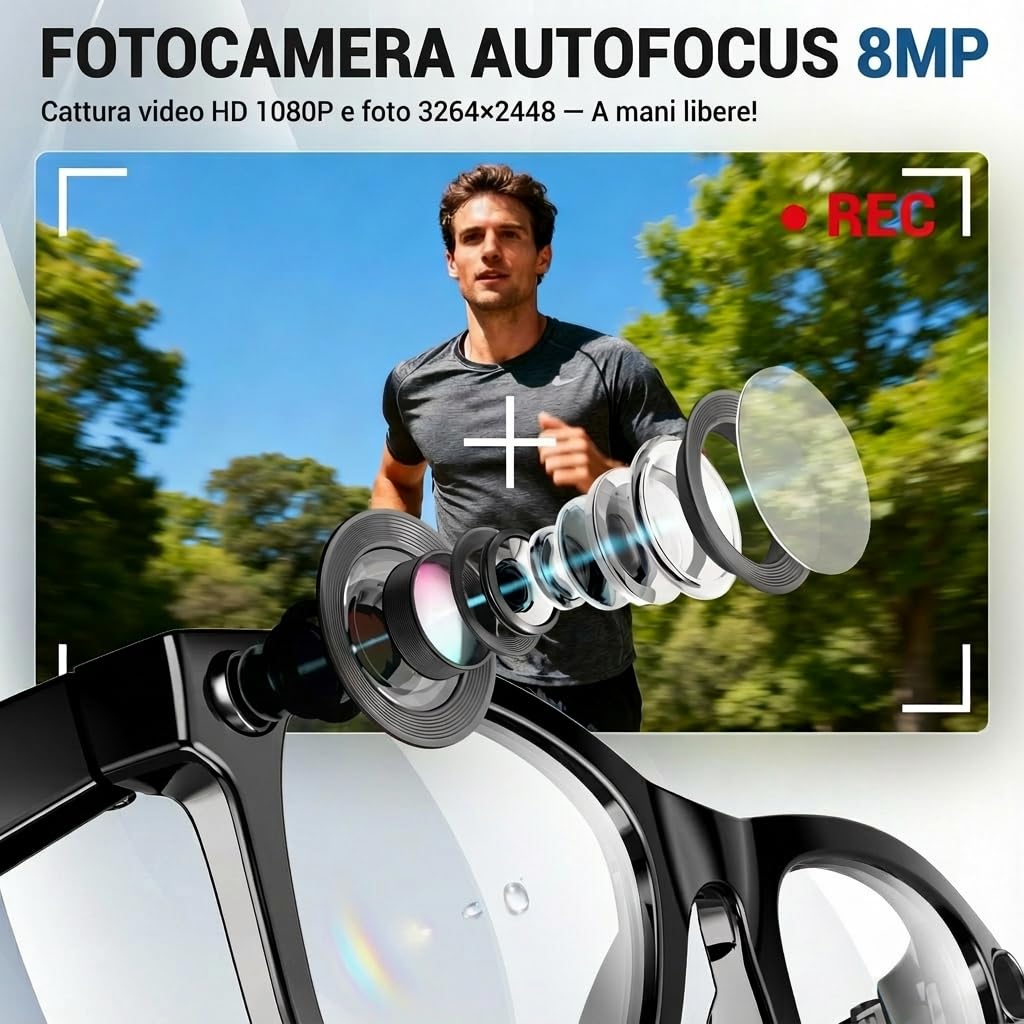 Occhiali con Telecamera 8MP 1080P Occhiali Connessi IA, Anti-Oscillazione, con Registrazione Video, Doppio Microfono, 410 mAh con 16 Ore di Autonomia