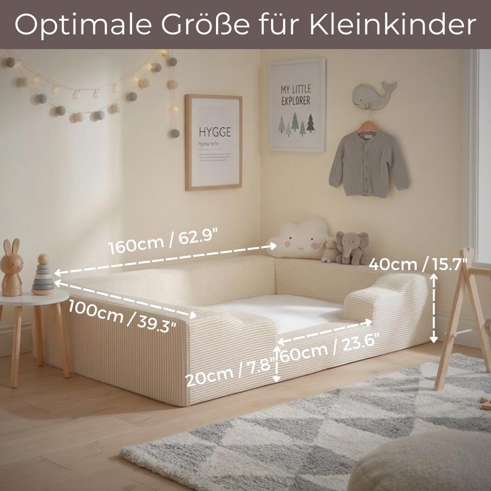 Wonder Space Schaumstoff Bodenbett für Kleinkinder - Weiches Kinderbett mit Abnehmbarem Cord-Bezug, Memory Foam Bettbasis für Kinder 1-5 Jahre, Passt auf Standard Matratze (Grau)