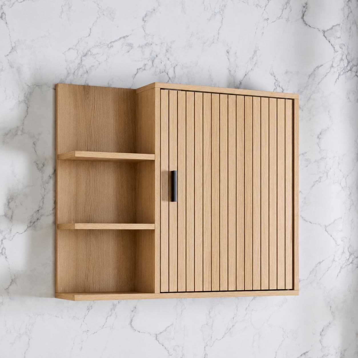 Bathroom Wall Cabinet, Oak Effect, Wall Mounted Storage Unit with Open Shelves and Slatted Door, Space-Saving Organiser, W60 x D14 x H50cm A167
