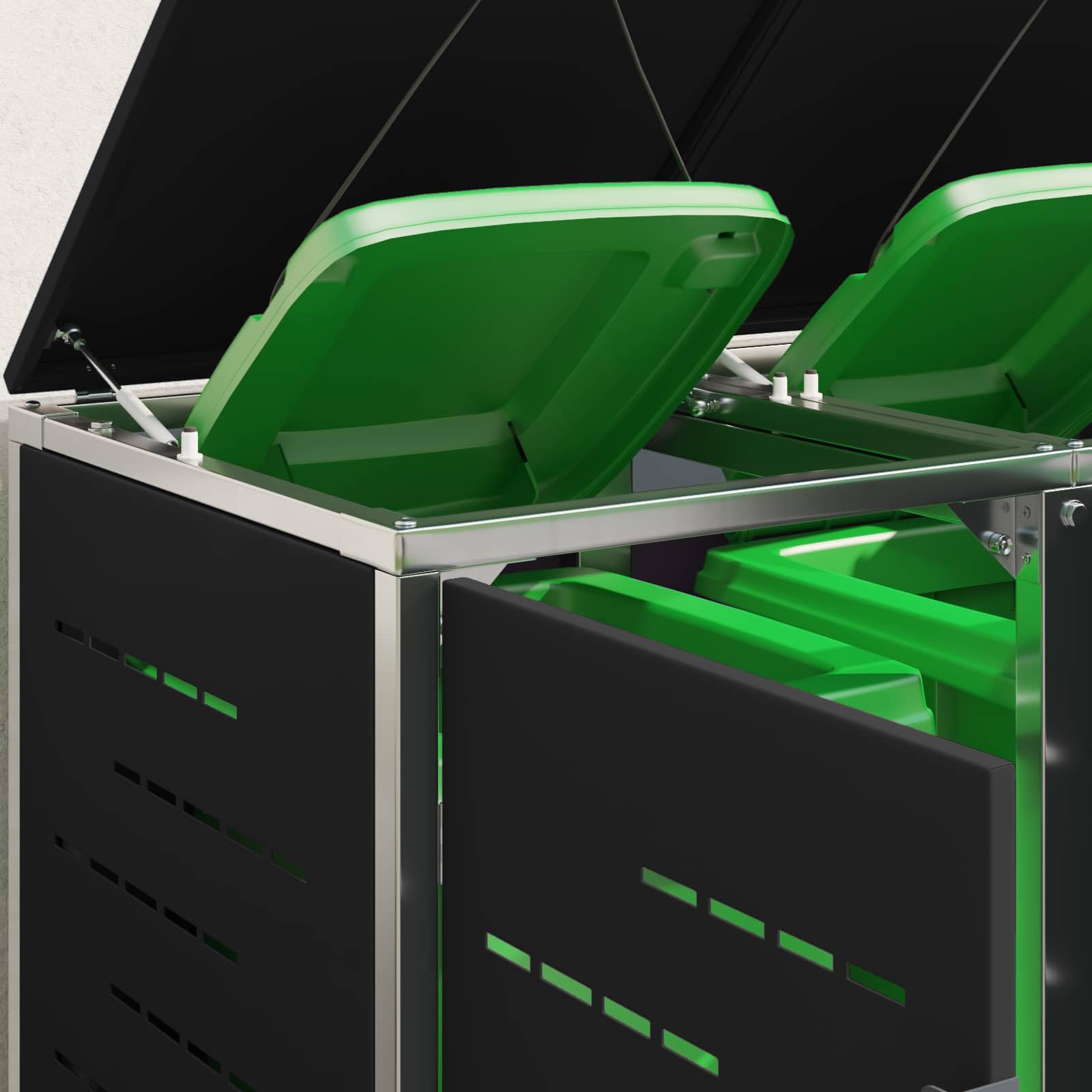 Mülltonnenbox Edelstahl Schwarz 4 Bins 240L | Erweiterbarer Schrank, Soft-Close Deckel, Magnetverschluss, Lüftungspanels
