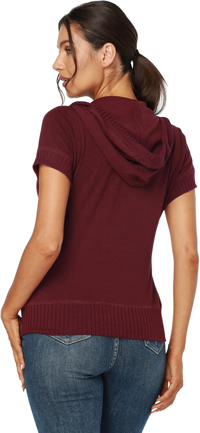 J.Corrine Women's Short Sleeve Hoodies Jackets Summer Casual Full Zip up Hooded Sweatshirts Outdoor Jackets with Pockets Burgundy Medium