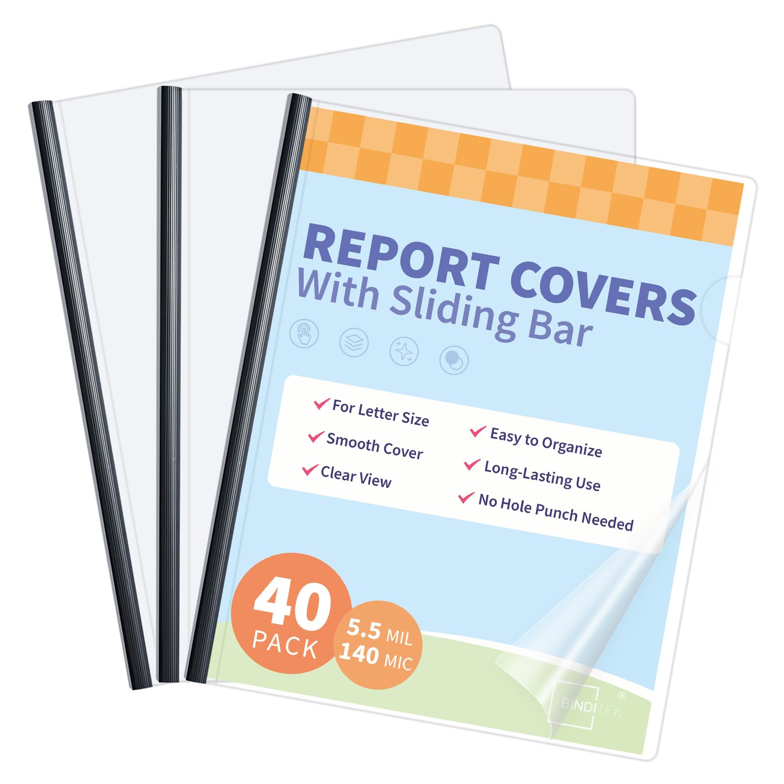 Binditek 40 Pack Clear Report Covers with Sliding Bars, 25 Sheet Capacity, 5mm Binding Bars, Letter Size, 5.5 Mil Thick, Black, for Students and