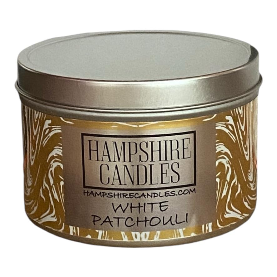 White Patchouli Candle Tin | Highly Scented | Soy Wax | Vegan & Cruelty Free | Handmade In UK | Burn Time 35+ Hours