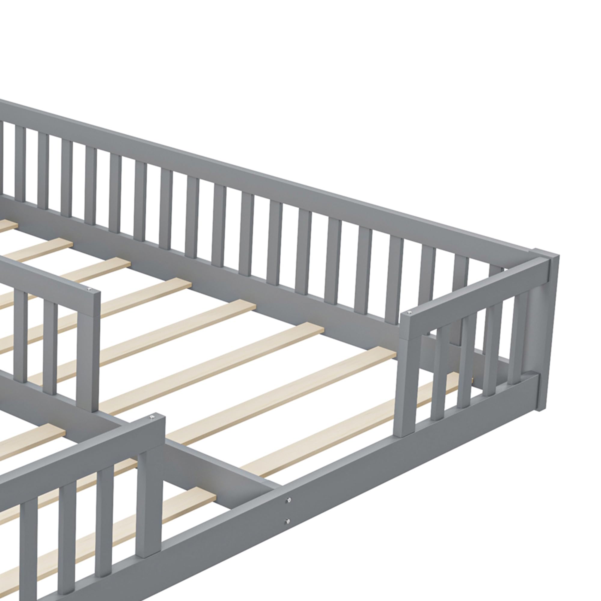 Cama tapizada, 90 x 200 cm, cama infantil con barandilla, con somier (sin colchón), para familias con dos hijos, madera de pino, estilo minimalista (gris)