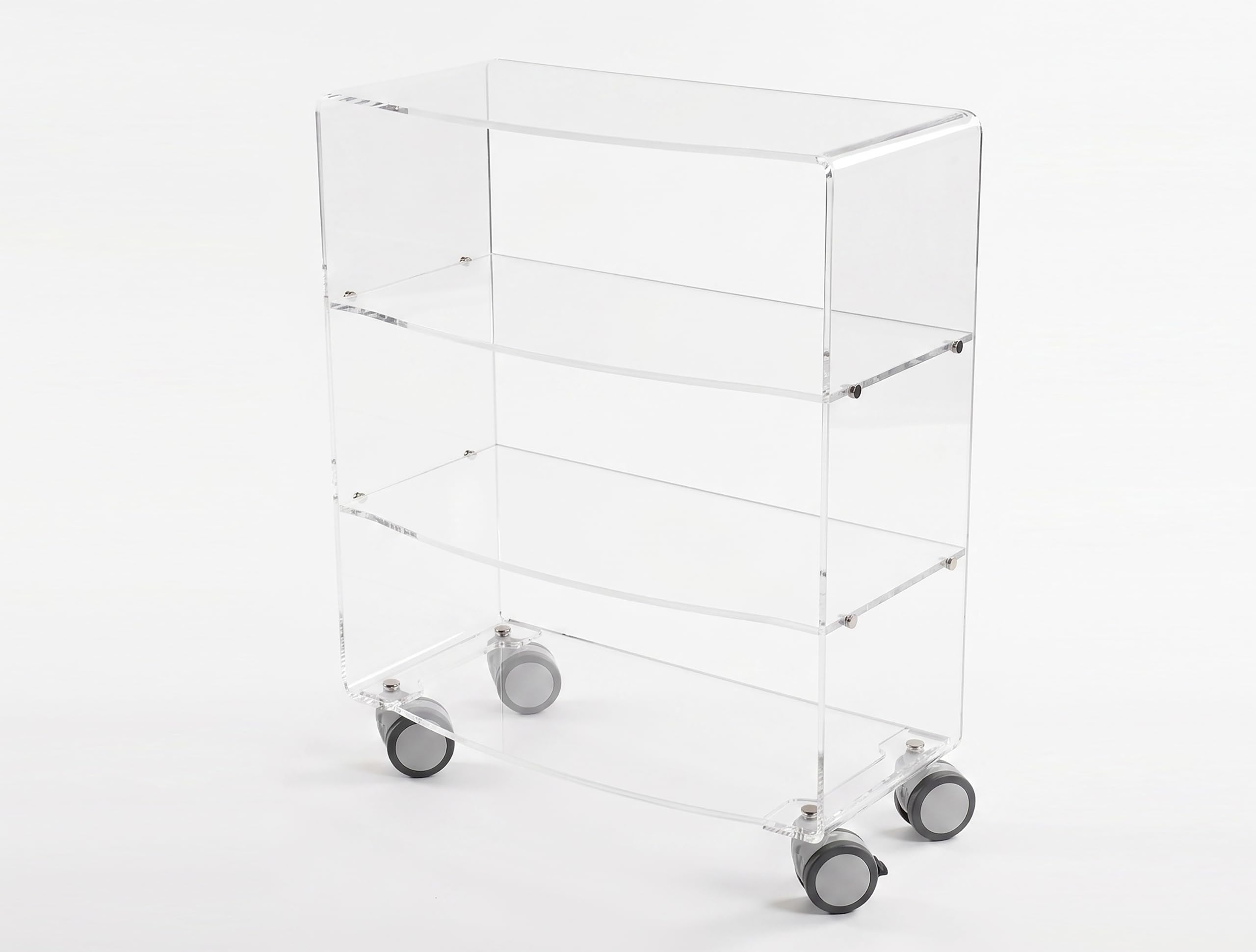 Slato Esperia - mobiletto vetrinetta con ruote in cristallo acrilico trasparente da soggiorno o camera da letto a quattro ripiani, Libreria, Salotto, design moderno Made in Italy, cm. 32× 67 × h 82