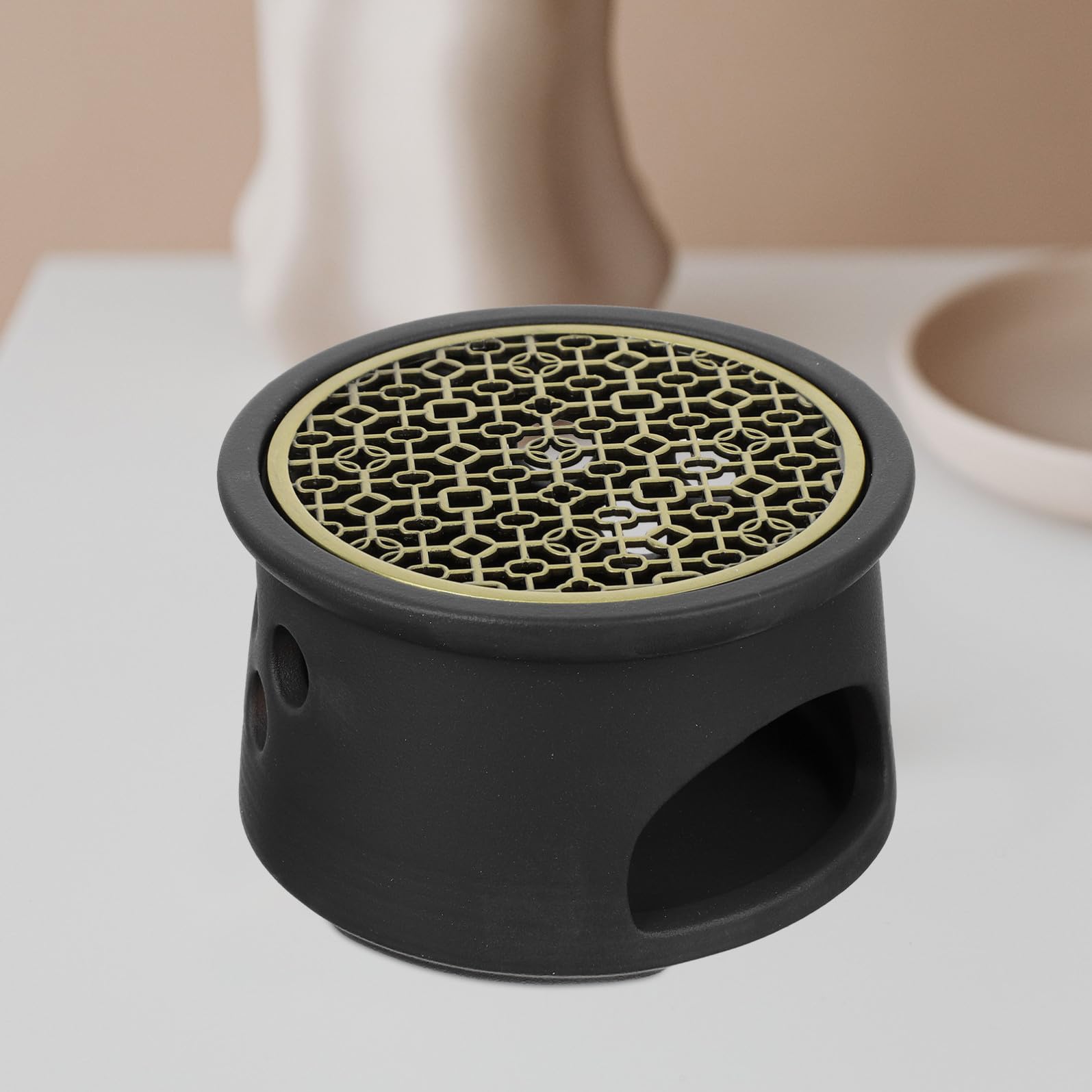 Scalda Teiera in Ceramica Nero Design Moderno e Compatto, Scaldacandela da Tavolo per Sciogliere Cera e Decorazione Funzionale