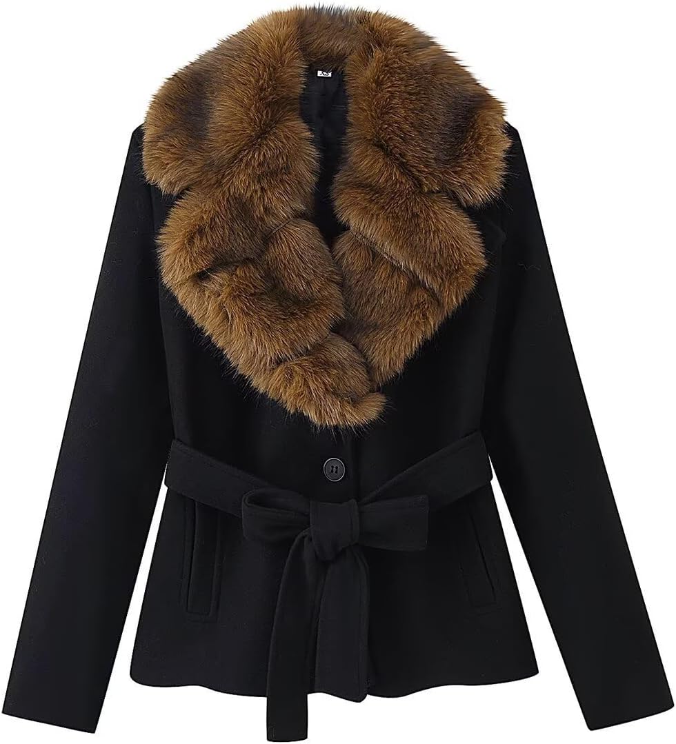 Women's Faux Fur Collar Wool Blend Coat Long Winter Overcoat with Detachable Hood Warm Jacket