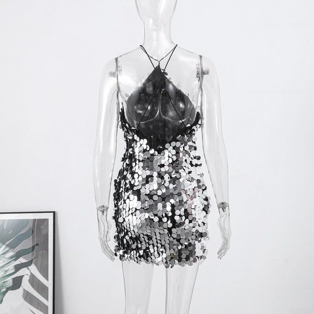 SPORTARC Elegante mini abito da donna con paillettes, con scollo all'americana, ideale per discoteche ed eventi sociali