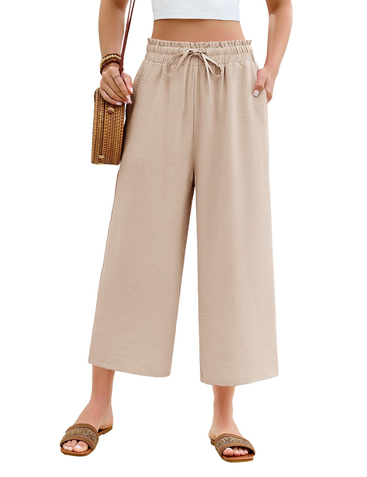 CMTOP Pantalon Femme Été Fluide Léger Pantalon Chic Taille Haute Elastique Pantacourt Ample Décontractée 7/8 Droit Pants Travail Couleur avec Cordon Poches
