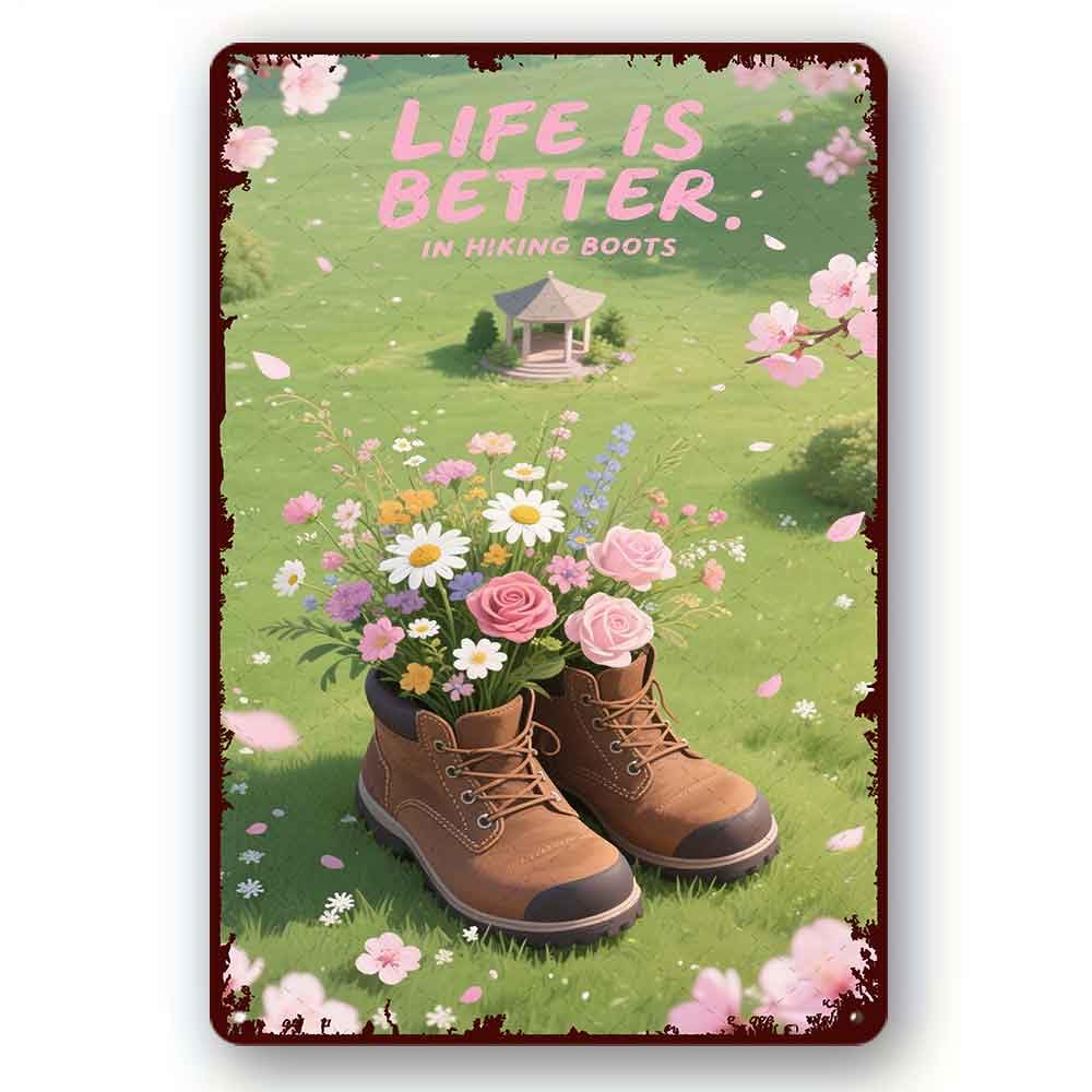 peiyeety Funny Metal Tin Sign Life Is Better In Hiking Boots Vintage For Home Outdoor Indoor Office Bar Yard Decor 8x12 Inch