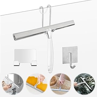 All-Purpose Stainless Steel Shower Squeegee for Shower Glass Door with 3 Adhesive Hooks, Bathroom Cleaner Tool Household Window Mirror Squeegee for Glass Doors, Cleaning Tile Wall, Car, 12 Inch