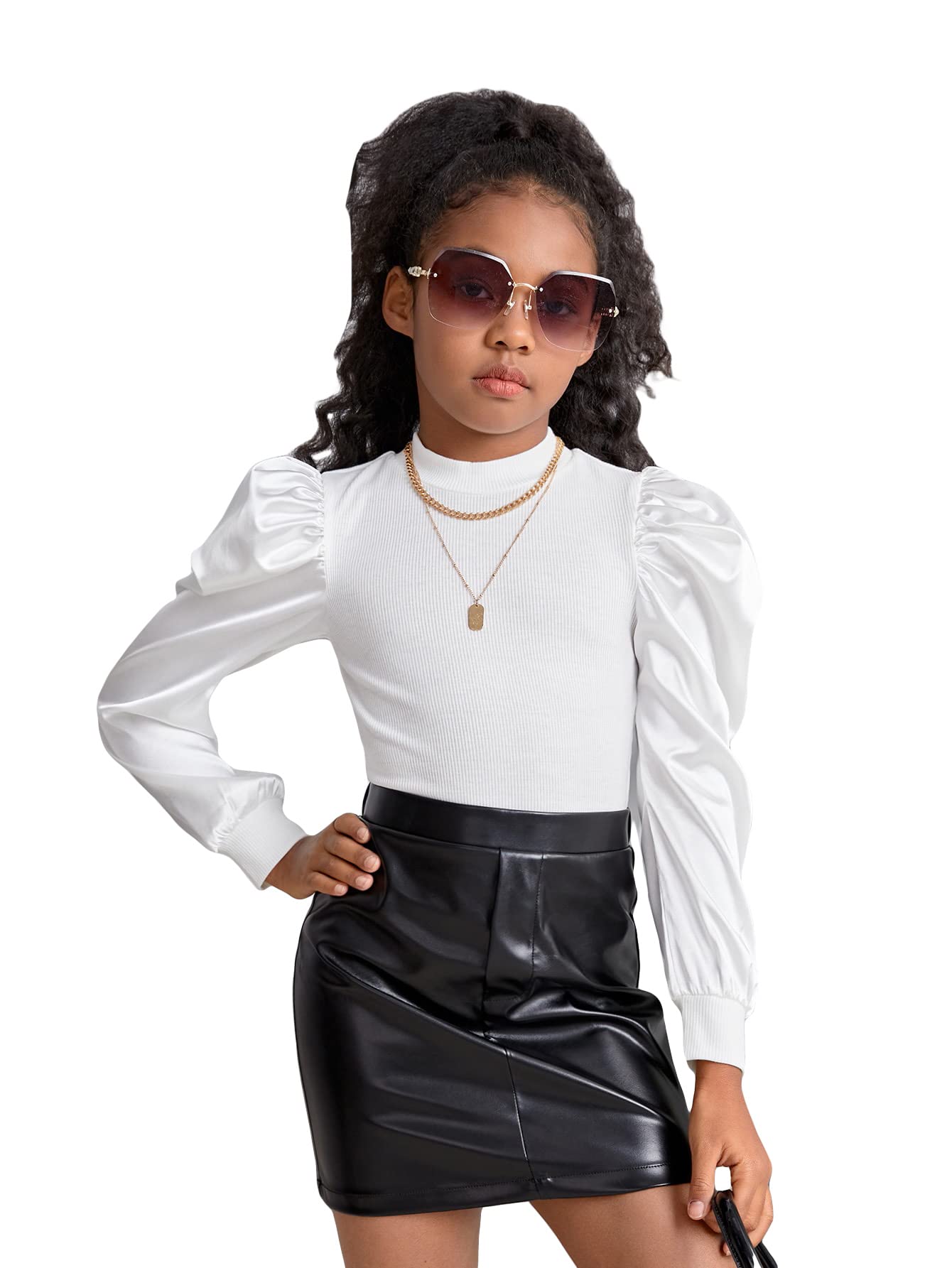 Floerns Girls Casual Puff Long Sleeve Round Neck Rib Knit Blouse Tee Tops